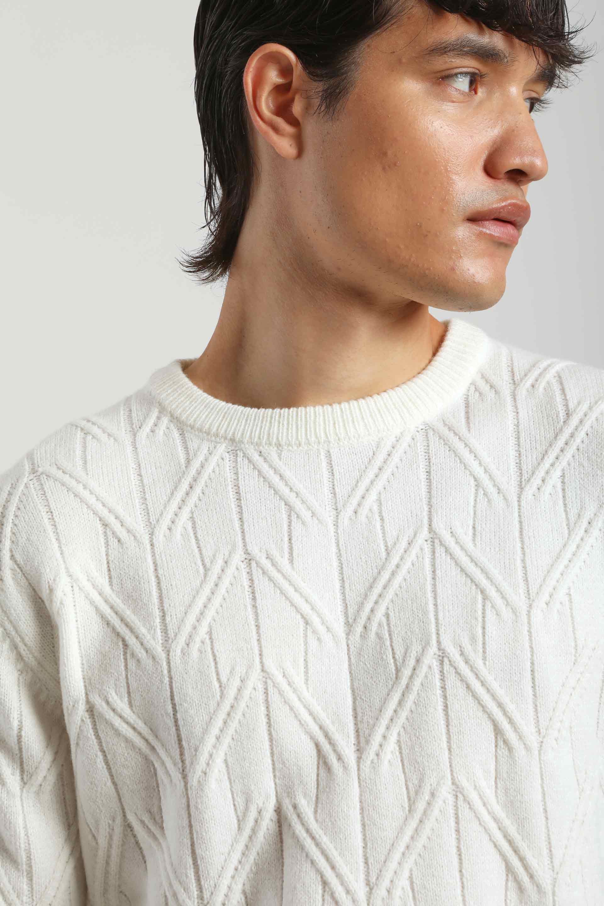 Maglia girocollo con treccia|Colore:Off white