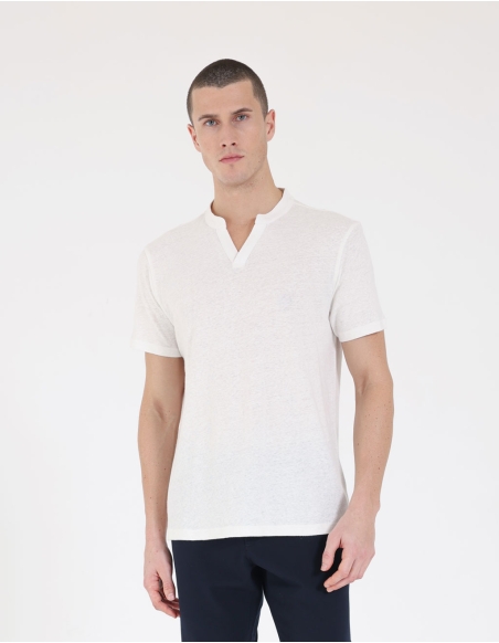 T-shirt misto lino scollo a V